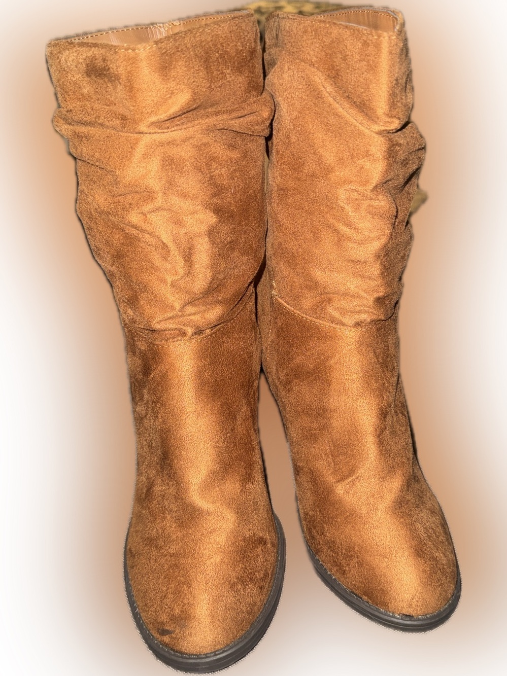 BAMBOO Slouchy Mid-Calf Heeled Boots in Chestnut Brown Suede